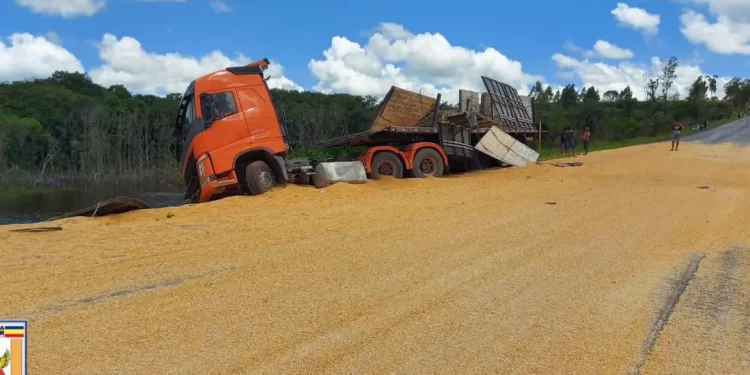 Carga de milho fica espalhada  em rodovia em Minas Gerais