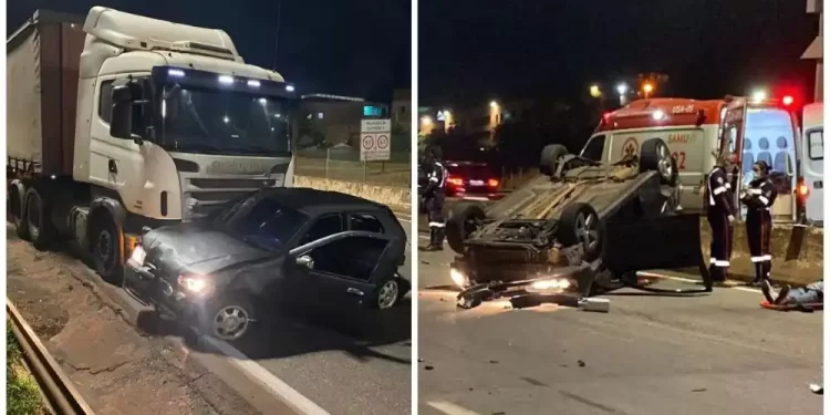 Caminhão esmaga carro, causa engavetamento e trava trânsito no Anel Rodoviário