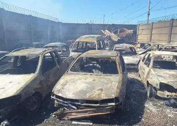 Mais de 30 carros ficam destruídos durante incêndio em pátio de apreensão