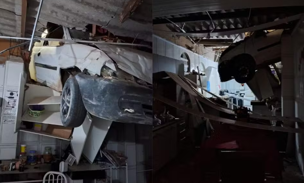 Carro “sem motorista” invade casa e vai parar na cozinha em Governador Valadares