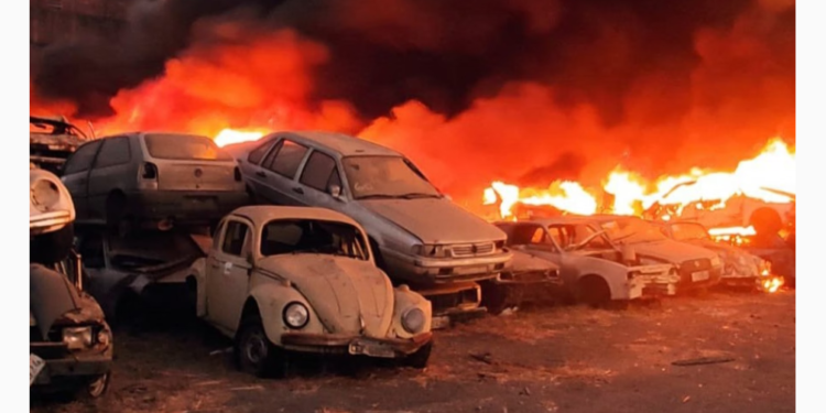 Incêndio em pátio de veículos no bairro Goiânia, em BH, tem indícios de ser criminoso