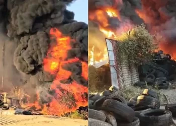 Incêndio de grandes proporções destrói ferro-velho com depósito de pneus em Esmeraldas