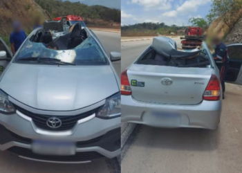 Brasil: Carro fica com teto completamente destruído após ser atingido por objeto desconhecido
