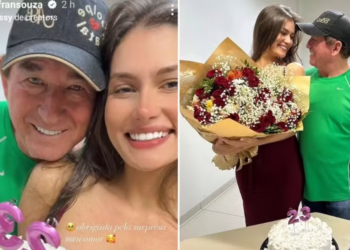 Cantor Amado Batista faz surpresa em aniversário da namorada de 23 anos